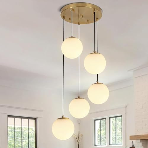LYSDjia 5 flammiger Cluster Globus Glas Kronleuchter Mid Century Hängelampe aus gebürstetem Gold mit milchweißem Moderne Cluster Pendelleuchte for Treppenhaus Esszimmer Wohnzimmer höhenverstellbar