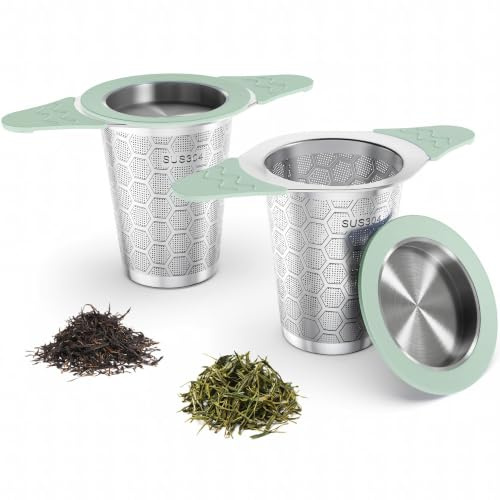 Yomanta Teesieb für Losen Tee 2 Stück - Teesieb Edelstahl 304 mit Silikon Griff & Deckel, 0.4mm Feinmaschig, Teefilter für Tasse und Teekanne - grün