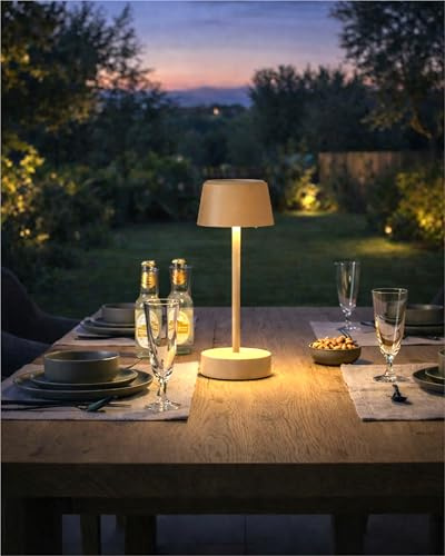 LEDs24.com - LED Solar Tischlampe Kabellos Outdoor - IP44 Solarleuchte Tisch Kabellos inkl. USB-C-Kabel [Warmweiß 3000K] - für Garten, Balkon, Terrasse, helle Innenräume (beige)