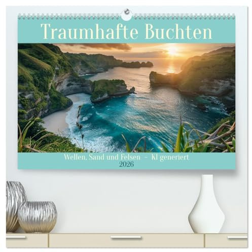 Traumhafte Buchten (hochwertiger Premium Wandkalender 2026 DIN A2 quer), Kunstdruck in Hochglanz: Wellen, Sand und Felsen - KI generiert (CALVENDO Natur)