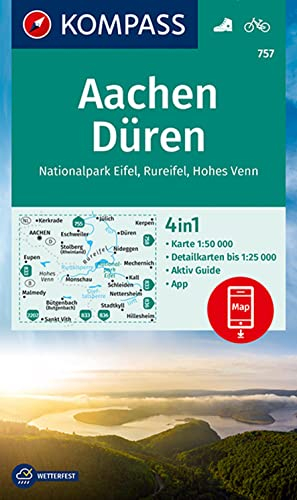 KOMPASS Wanderkarte 757 Aachen, Düren, Nationalpark Eifel, Rureifel, Hohes Venn 1:50.000: 4in1 Wanderkarte mit Aktiv Guide und Detailkarten inklusive ... Verwendung in der KOMPASS-App. Fahrradfahren.