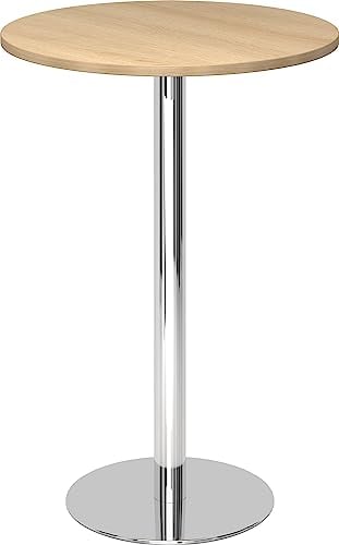 bümö Stehtisch Büro, Bistrotisch rund 80 x 80 cm - Bartisch Eiche, Stehtisch Holz-Platte, Säule aus Metall verchromt, Buffettisch, Säulentisch, Partytisch, Thekentisch, Hochtisch, Barmöbel