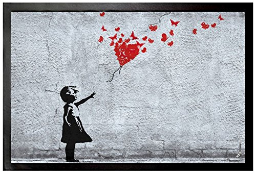 1art1 Mädchen Mädchen Mit Luftballon Und Schmetterlingen, Banksy-Style Fußmatte Dekomatte Innenbereich | Design Türmatte 60x40 cm