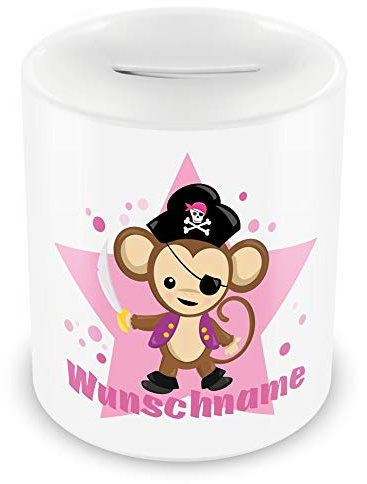 Samunshi® Kinder Spardose mit Namen und Rosa Piraten Affe als Motiv für Kinder - Jungen und Mädchen Sparschwein weiß