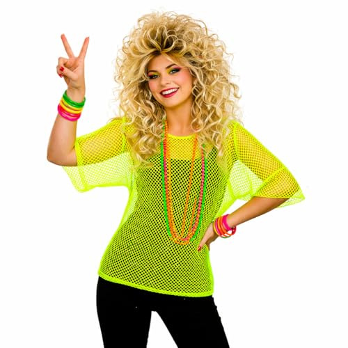 Wicked Costumes Adult Unisex 80s Mesh Top Fancy Dress – Neon Yellow Fishnet Shirt Retro Disco Party Festival Outfit - Plus Size (UK 12-16)