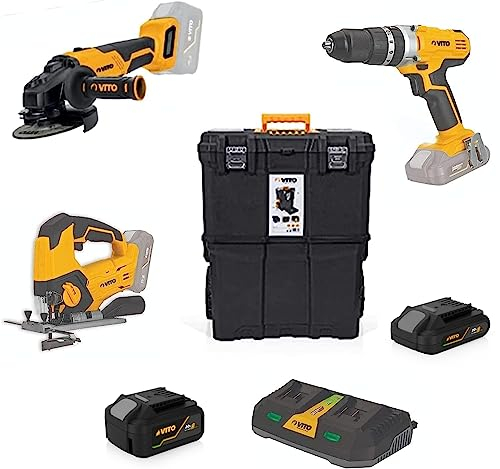 VITO Akku-Werkzeug-Set 20V - 7 Teile - Bundle mit Akku-Stichsäge, Akku-Schrauber, Akku-Winkelschleifer, Werkzeugkoffer, inkl. 2x Akkus (1x 2Ah, 1x 4Ah) und Ladegerät - Werkzeug Bundle - PowerPackV4