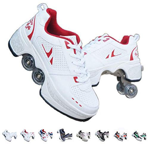 FTYUNWE Rollschuhe Damen/Kinder, Roller Skates for Women, Schuhe Mit Rollen Für Mädchen, Quad Kick Roller Skates jugen/Herren, 2 in 1 Inline-Skates Skateboardschuhe, Rot