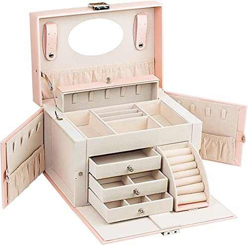 ADEL DREAM Boîte à Bijoux avec Poignée Miroir Verrouillable Voyage 4 Niveaux avec 3 Tiroirs pour Rangement Bijoux Idée Cadeau Femme Rose 26x18x18 cm