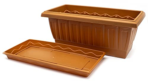 CABLEPELADO - Jardinera plástico con Plato Marron - Balconera - Maceta - Tiesto - Recoge Aguas - Balcon, Jardin, Patio, Interior, Drenaje Pre-Troquelado - 50 cm