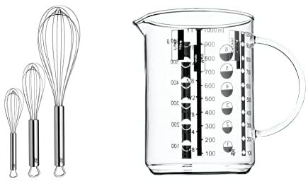 WMF Profi Plus Schneebesen Set 3-teilig, Cromargan Edelstahl teilmattiert & Gourmet Glas Messbecher 1l, hitzebeständiges Glas, Skalierung für Liter, Milliliter, Tassen und Gramm