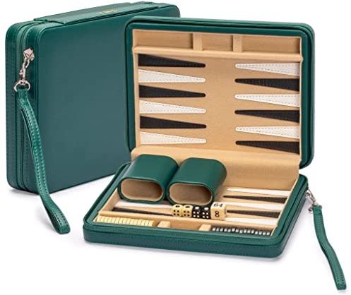 Yellow Mountain Imports Ensemble de Jeu de Mini Backgammon de Voyage, Izmir - Pions magnétiques et Plateau de 23,5 cm dans Un étui en Similicuir élégant