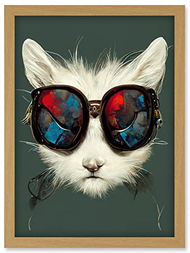 Doppelganger33 LTD White Cat Head With Aviator Sunglasses Painting Artwork Framed Wall Art Print A4