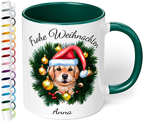 True Statements Weihnachtstasse mit Namen personalisiert „Frohe Weihnachten“ – mit 20 Hunde-Motiven - 330ml Keramik Kaffeebecher mit Spruch - Geschenk zu Weihnachten (Dunkelgrün)
