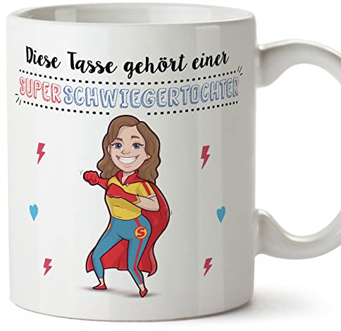 Mugffins Tassen/Becher mit Spruch für SCHWIEGERTOCHTER - Auf Deutsch - Superfamilie - 11 oz / 330 ml - originelles und lustiges Geschenk