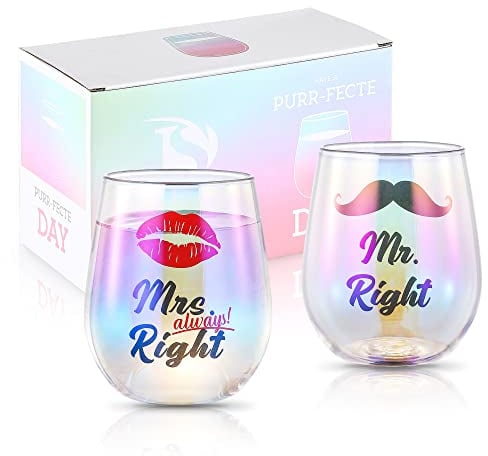 SHENDONG Mr Right Frau Always Right Weingläser,Paar Weingläser,Mr. Mrs. Geschenke für Paare,Verlobung Hochzeit Brautdusche,Weihnachtsgeschenke für Bräutigam,Valentinstagsgeschenke 2-Pack