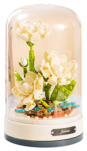 MEIEST Bausteine Blumenstrauß-Set mit Spieluhr und staubdichter Kuppel, Simulation künstliche Partikelblumensammlung Bausteine Spielzeug, Heimdekoration,14+ (Weißer Jasmin)