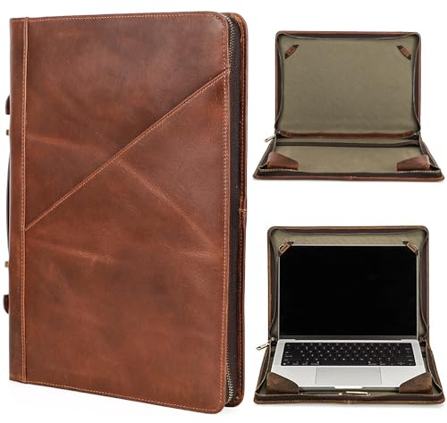 CataPurus Top Grain Leather 14.2 Slim Laptop Zipper Folio Case Bag, Vintage Design & 2 Pockets, Handmade, Compatible with MacBook Pro 14 2021 2022 M1 Pro/M1 Max A2442 & other PC, Brown 14.2 Inch