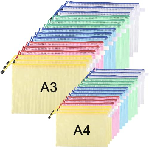 WOPPLXY 30 Stück Dokumententasche A4+A3, Mesh Plastic Zip Bag, Wasserdichte Dokumententasche Reissverschluss für Papier, Datei, Quittungen, Hausaufgaben, Kosmetika (5 Farben)