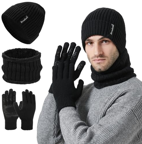 FUBABCO Winter Mütze Schal Handschuhe Set Herren Warm Beanie Mütze Loop Schal und Touchscreen Handschuhe Set mit Fleecefutter Strickmütze Winterschal und Thermo Handschuhe für Ski 3-in-1 Winter-Set