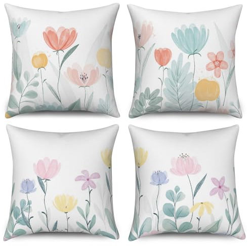ASDCXZ Blumen Kissenbezug 40x40 cm 4er Set, Frühling Rose Gelb Lila Bunt Blumen Blätter Weiß Sofa Dekokissen Kissenbezüge Kissenhülle Waschbar Polyester Textil Outdoor Kopfkissenbezug Kissen Bezug