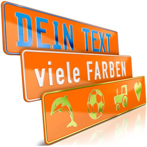 schildEVO 1 Fun-Schild geprägt | Orange mit Wunschtext bis zu 16 Zeichen | Aluminium Namensschild | Individuelles Fun-Kennzeichen | Bohrlöcher & Saugnäpfe