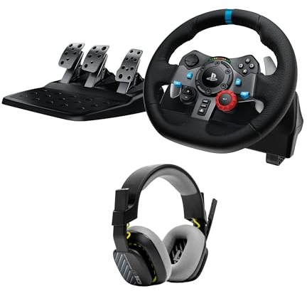 Logitech G G29 Driving Force Rennlenkrad und Pedale, Force Feedback + ASTRO A10 Gen 2 kabelgebundenes Headset – für PS5, PS4, PC, Mac – Schwarz