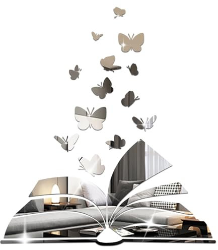 Shackcom Adesivi Murali 3D Libro Specchio con 13pcs Farfalle Specchio Adesivo da Parete Acrilici Rimovibili Decorazioni da Parete DIY per Camera da Letto Soggiorno-Argento