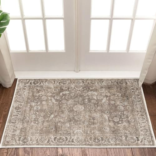 Taleta DAMAIA Washable Door Mats Indoor Small Grey Boho Rug Soft Non-slip Doormats Inside Thin Short Pile Floor Mat for Entryway Entrance Hallway Bedroom (Brown, 50 x 80 cm)