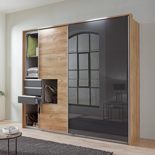 Lomadox Schlafzimmer Kleiderschrank Schwebetürenschrank 2-türig 225cm, inkl. Passepartoutrahmen, Eiche und Graphit mit grauem Glas