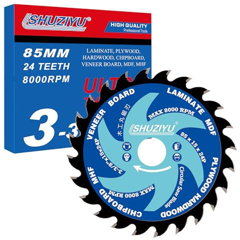 LSHUZIYU Lama per sega circolare da 85 mm-24 denti, albero da 15 mm con wahser da 10 mm, per laminato, impiallacciatura, compensato, legno duro, MDF e HDF