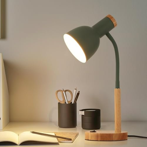 kaixunl Metall und Holz Schreibtischlampe, Nordischer Moderner Stil Desk Lamp, Metall Nachttischlampe, Lampenkopfrichtung Verstellbar, für Schlafzimmer, Arbeitszimmer, Kinderzimmer, E27, D15 X H47