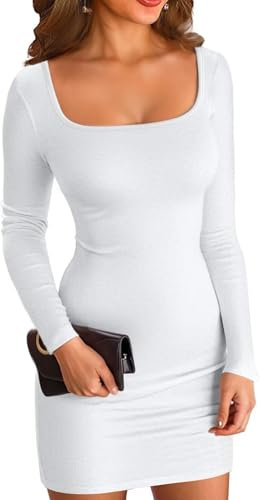 ELFIN Damen Bodycon Kleid Gerippt Langarm Minikleid Quadratischer Hals Kurzes Party Club Kleid Herbst Pullover Kleider Freizeitkleid (XL, Weiß)