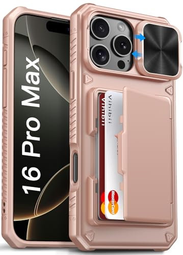 Vihibii for iPhone 16 Pro Max Case Wallet with Card Holder (4 Cards) [RFID Blocking] & Slide Camera Cover, Military Grade Drop Protection, Rugged Back & Silicone Edge Phone Case, 6.9 2024, Rose Gold