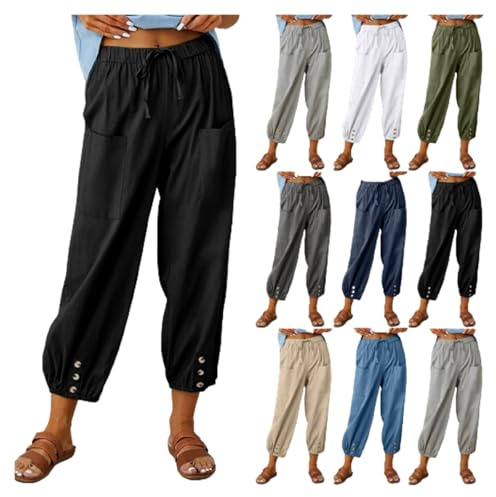 Leinenhose Damen 7/8 Lang Sommerhose Baumwolle Leinen Freizeithose Lässige Einfarbig Stoffhose Casual Loose Fit Strandhose mit Taschen Yogahose Elastische Taille Haremshose Caprihose