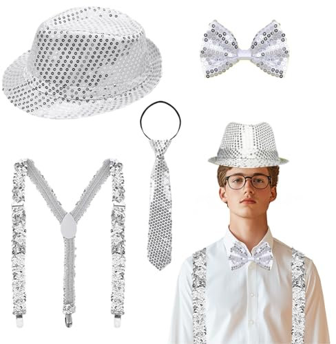 Yi'antai Herren Glitzer Bekleidung,Glitzer Outfit Herren,Glitzer Accessoires Herren,Glitzer Kostüm Herre mit Glitzer Fliege,Pailletten Hosenträger krawatte,Herren Pailletten Zylinder Hut (Silber)