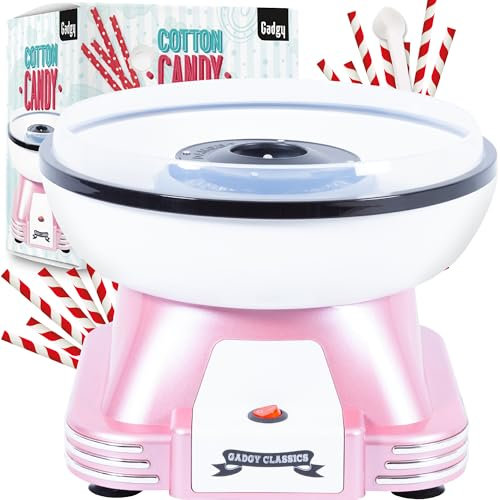 Gadgy Machine Barbe à Papa Maison, Cotton Candy Rétro pour Sucre ou Bonbons Candy Floss, idéal pendant Fêtes d'Anniversaires, incl. 10 Baguettes Barbapapa et Cuillère a Mesurer, Rose