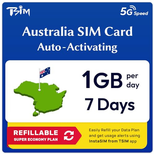 Australia Daten-SIM-Karte | 7 Tage, 1 GB/Tag | Automatische Aktivierung | 5G/4G-Geschwindigkeit | Hotspot erlaubt | Keine Telefonnummer | Nachfüllbarer Tarif über die Insta SIM App