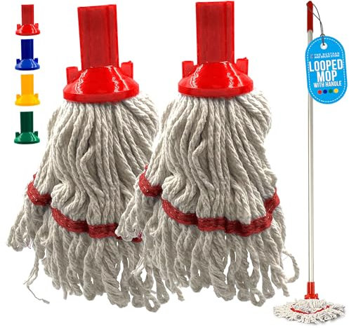 Commercial Mops for Cleaning Floors with Mop Handle - Looped Cotton Mop Heads with Absorbent Yarn, 120cm Heavy Duty Aluminium Handle, Floor Color Coded Hygiene Cleaning Head Pack of 2 - Red