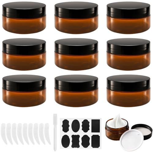 Ysimple 9 Pots Crème Ambre 80ml, Plastique Contenants Cosmétiques Voyage | Réutilisable Pot Ambre Cosmétique, Pot Cosmétique Vide avec Spatules Et Étiquettes, Parfaits pour Crème, Soins et Voyage