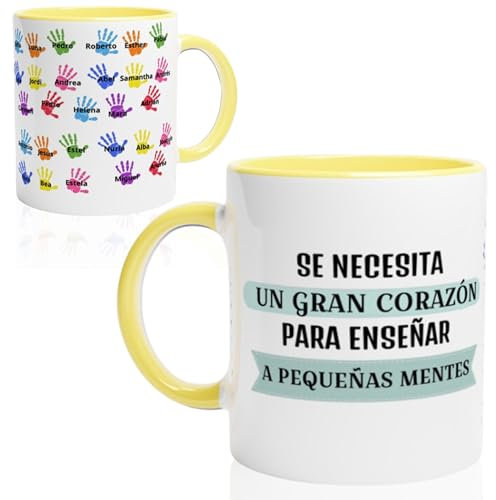TAZALAND | Taza Personalizada para Profesores | Amarilla - 350 ml | Regalo Original Fin de Curso | Taza Recuerdo con Huellas de Alumnos | Detalle Maestra Infantil y Primaria