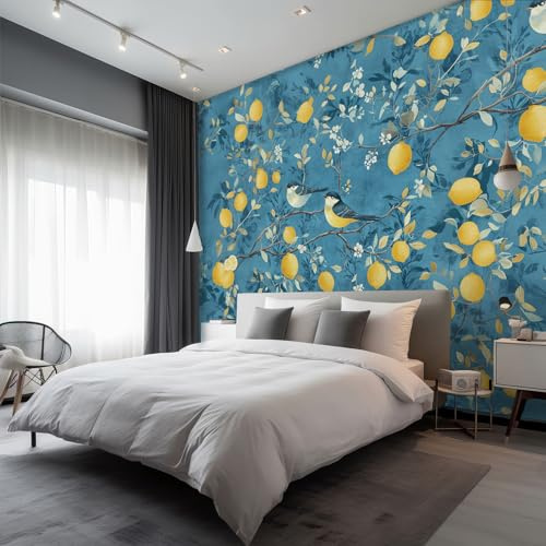 Générique Murale En Papier Peint Photo Citron Oiseau, Papier Peint Panoramique Tableaux Photo Muraux Utilisé Pour Chambre, Salon, Fond TV Décoration Murale 400 x 280 cm, Jaune Bleu