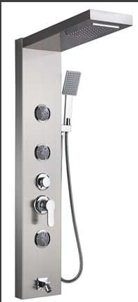 TVTIUO Pannello Doccia Idromassaggio in Acciaio Inox, Set di Colonne Doccia a 4 Funzioni, Soffione, Doccia a Cascata, Doccia Massaggiante, Bocca per Vasca da Bagno (Spazzolato)