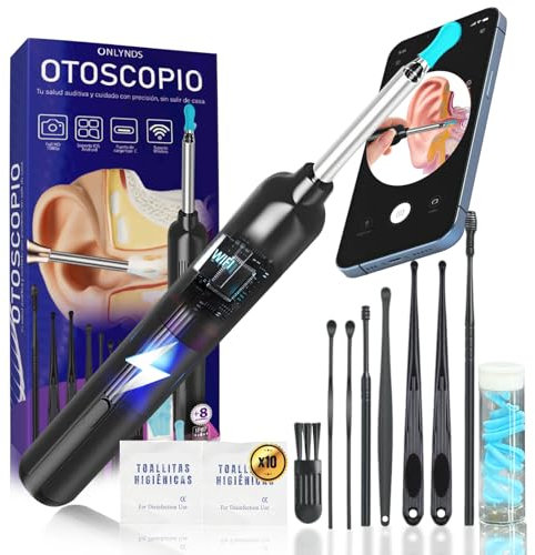 ONLYNDS® SÚPER Otoscopio PREMIUM Con 6 LED + 21 Puntas De Silicona + 10 Toallitas De Limpieza Oidos | Limpiador De Oidos Cera Inalámbrico | Limpiador Oidos Adultos | Compatible ANDROID e IOS