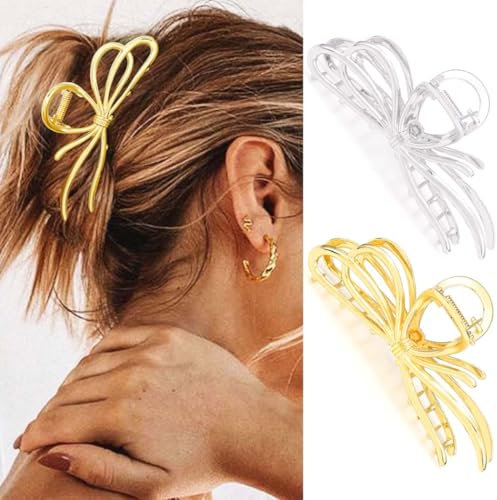 Reaky Lot de 2 grandes pinces à cheveux en métal doré avec nœud papillon pour femmes et filles