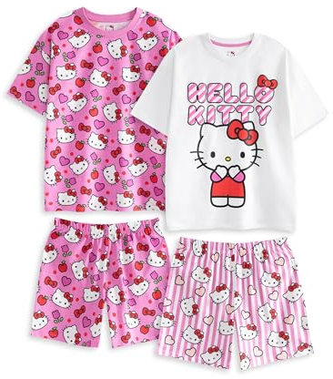 Hello Kitty Girls Pink Short Sleeve Short Leg Pyjama Set | Multi-Pack of 2 Sleepwear in Hearts And Bows Design | Cartoon Printed Loungewear for Kids Merch - 13-14 Years