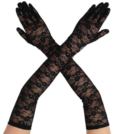 Gusruvti Lange Spitze Handschuhe Damen Elegante Blumen Schwarz Hochzeit Oper Braut Spitzenhandschuhe Tee Party Damen Lange Spitze Handschuhe Kleid Cocktail Halloween Party 1920er Jahre Kostüm