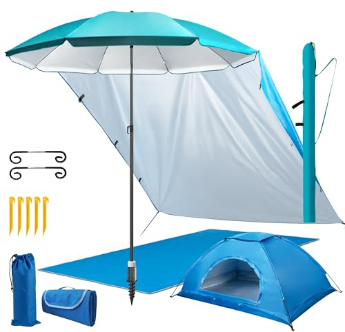 4smile Sonnenschirm Strand 6er-Set Türkis – UV50+-Schutz, Ø 200 cm, mit großer Stranddecke (2 x 2 m), 2 x 1,5 m Strandmuschel, Sonnensegel Strand, Schirmständer Erdspieß & robuster Schirmhülle