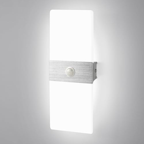 JaneYi LED Wandleuchte mit Bewegungsmelder 12W Moderne Wandlampe Innen Kaltweiß 6500K Wandbeleuchtung Innen Acryl Aluminium Lampe Wand für Flur Treppenhaus Balkon Wohnzimmer Schlafzimmer
