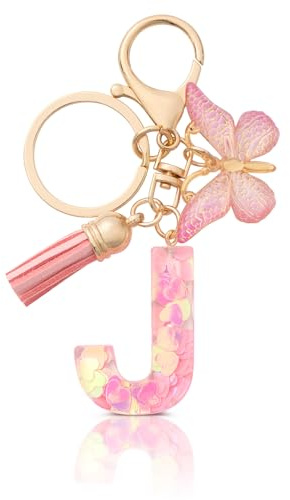CHUQING Porte Clef Lettre Initiale Femme Papillon | Porte-Clés Initiale avec Papillon et Pompon, Accessoire Élégant pour Clefs et Sacs