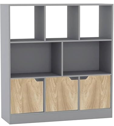 URBNLIVING Asymmetrical 8 Cube Grey Bookcase – Freestanding Storage Shelf Unit with 3 Doors for Living Room, Bedroom & Office - Basic Doors - Oak